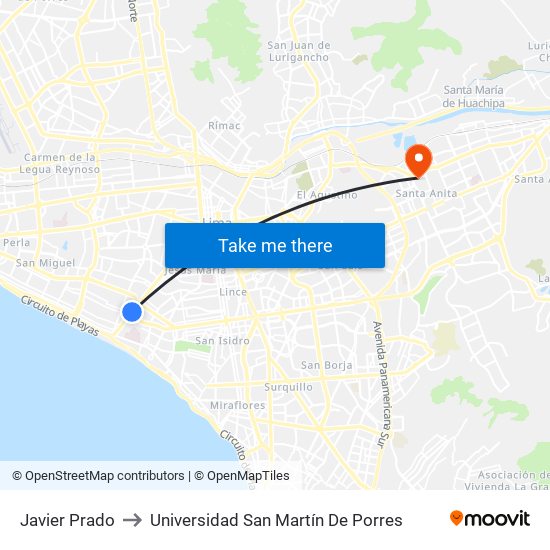 Javier Prado to Universidad San Martín De Porres map