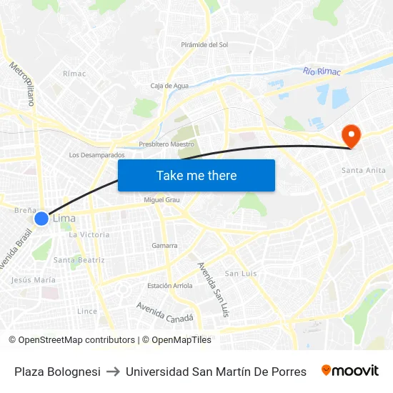 Plaza Bolognesi to Universidad San Martín De Porres map