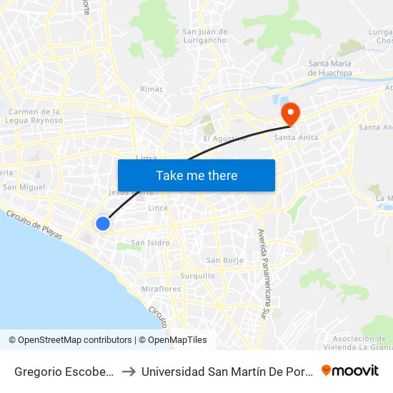 Gregorio Escobedo to Universidad San Martín De Porres map