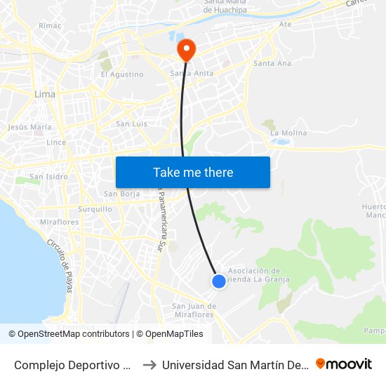 Complejo Deportivo De Vmt to Universidad San Martín De Porres map