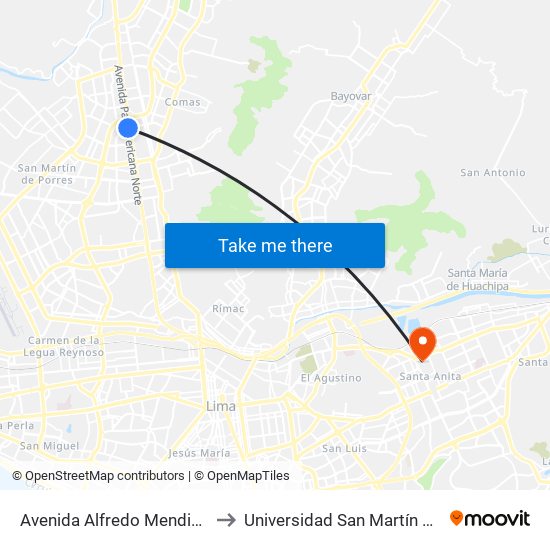 Avenida Alfredo Mendiola, 5805 to Universidad San Martín De Porres map