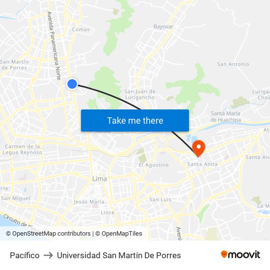 Pacífico to Universidad San Martín De Porres map