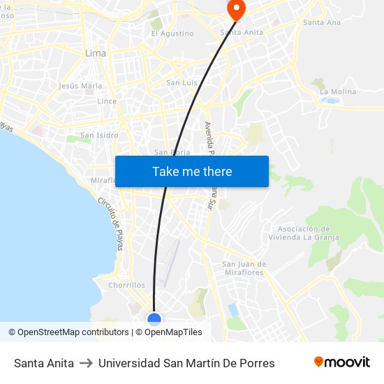 Santa Anita to Universidad San Martín De Porres map