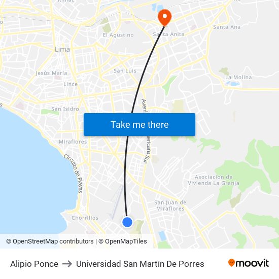 Alipio Ponce to Universidad San Martín De Porres map