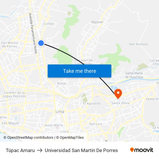 Túpac Amaru to Universidad San Martín De Porres map