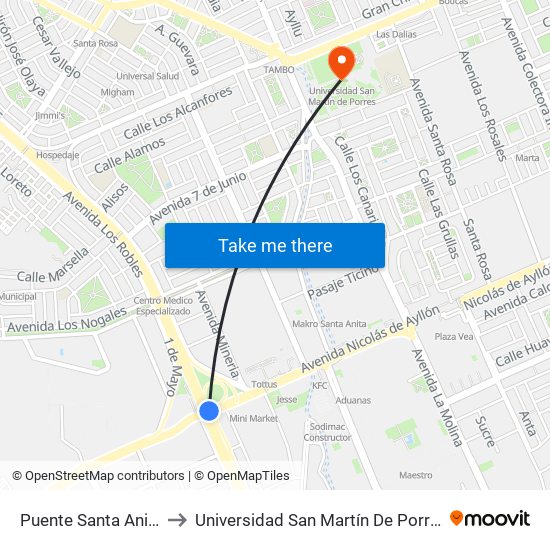 Puente Santa Anita to Universidad San Martín De Porres map