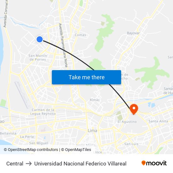 Central to Universidad Nacional Federico Villareal map