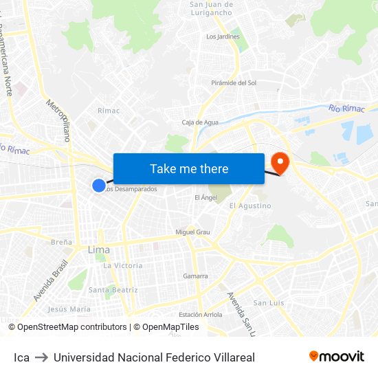 Ica to Universidad Nacional Federico Villareal map