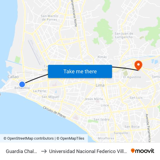 Guardia Chalaca to Universidad Nacional Federico Villareal map