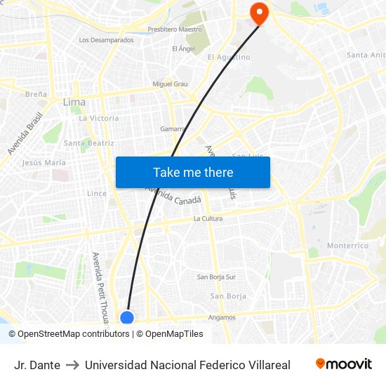 Jr. Dante to Universidad Nacional Federico Villareal map