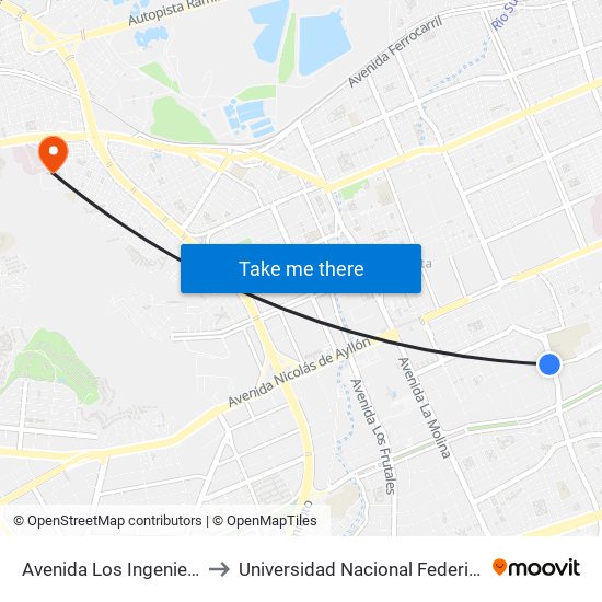Avenida Los Ingenieros, 227 to Universidad Nacional Federico Villareal map