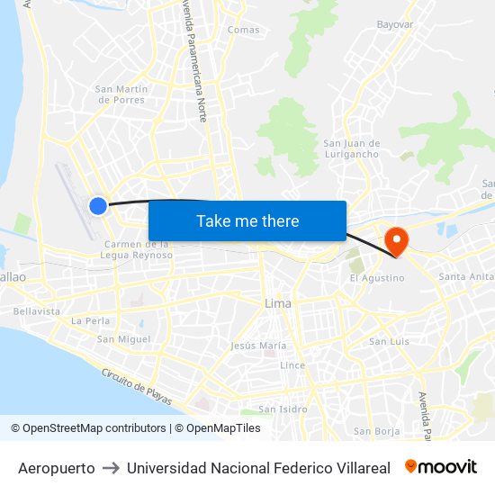 Aeropuerto to Universidad Nacional Federico Villareal map