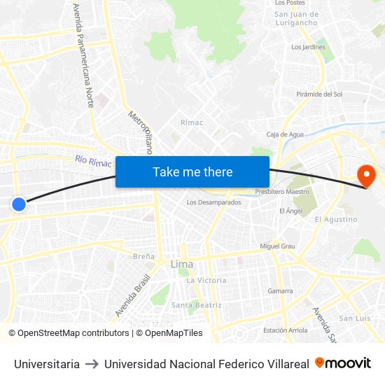 Universitaria to Universidad Nacional Federico Villareal map