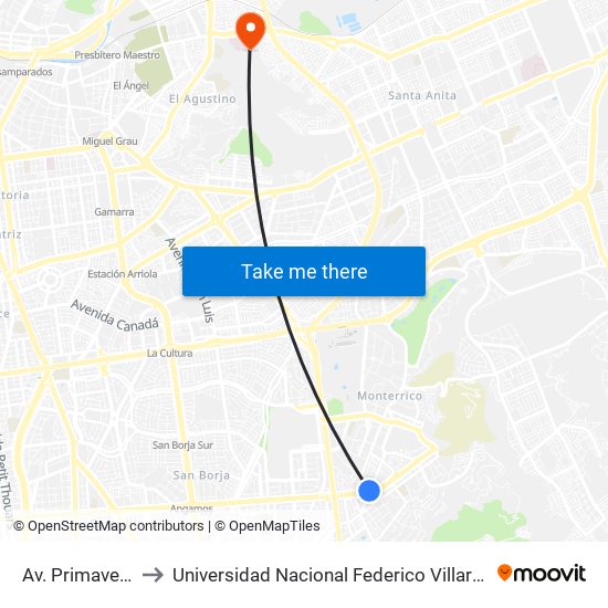 Av. Primavera to Universidad Nacional Federico Villareal map