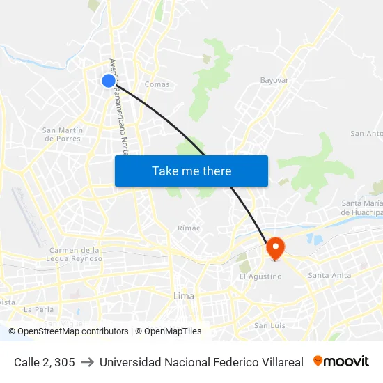 Calle 2, 305 to Universidad Nacional Federico Villareal map