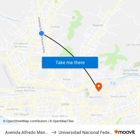 Avenida Alfredo Mendiola, 5805 to Universidad Nacional Federico Villareal map