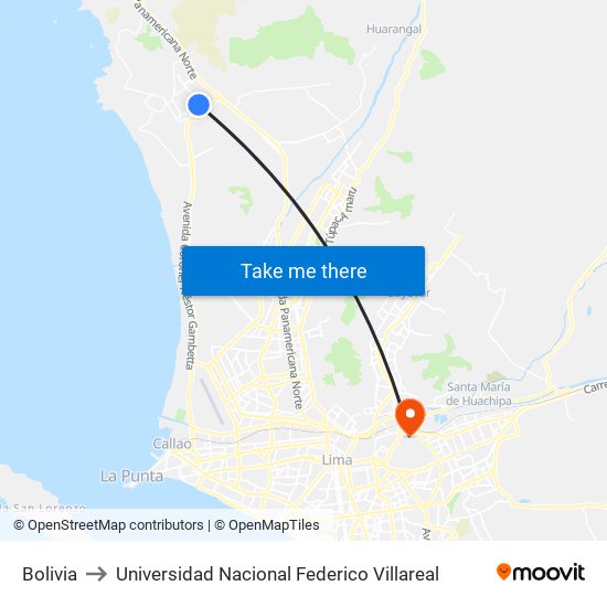 Bolivia to Universidad Nacional Federico Villareal map