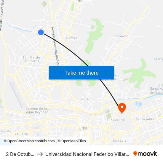 2 De Octubre to Universidad Nacional Federico Villareal map