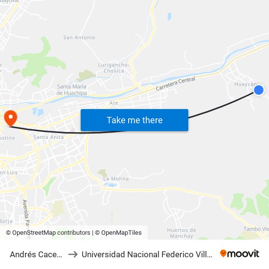 Andrés Caceres to Universidad Nacional Federico Villareal map