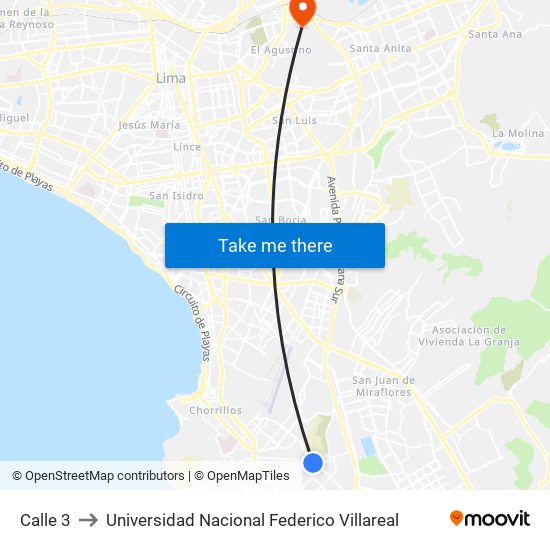 Calle 3 to Universidad Nacional Federico Villareal map