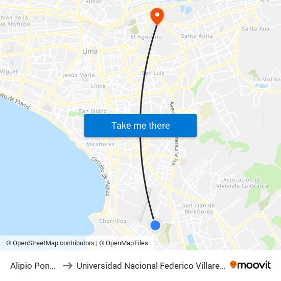 Alipio Ponce to Universidad Nacional Federico Villareal map