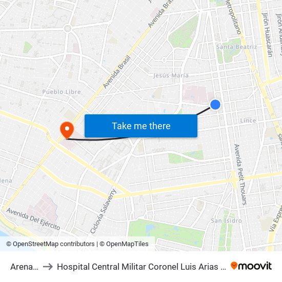 Arenales to Hospital Central Militar Coronel Luis Arias Schreiber map