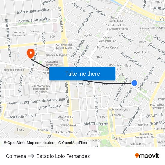 Colmena to Estadio Lolo Fernandez map