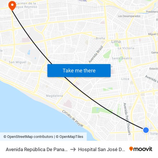 Avenida República De Panamá, 4746 to Hospital San José Del Callao map