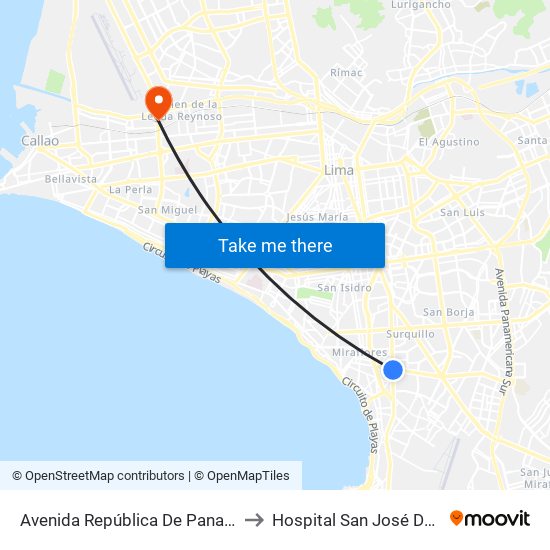Avenida República De Panamá, 6239 to Hospital San José Del Callao map