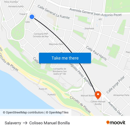 Salaverry to Coliseo Manuel Bonilla map