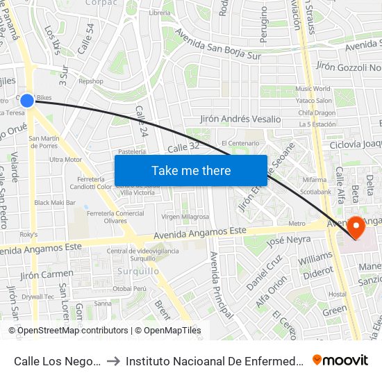 Calle Los Negocios, 499 to Instituto Nacioanal De Enfermedades Neoplásicas map