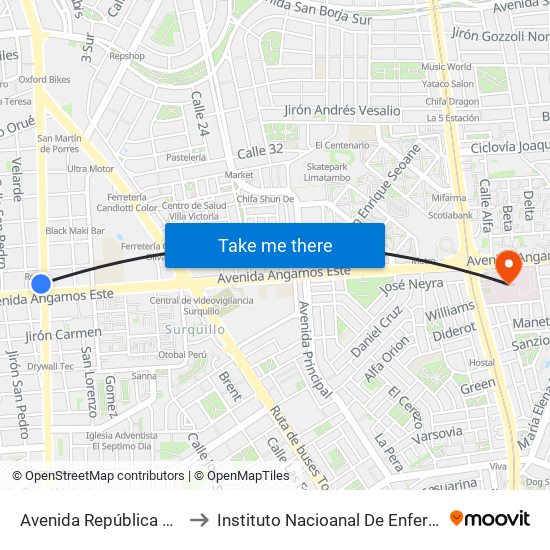 Avenida República De Panamá, 4746 to Instituto Nacioanal De Enfermedades Neoplásicas map