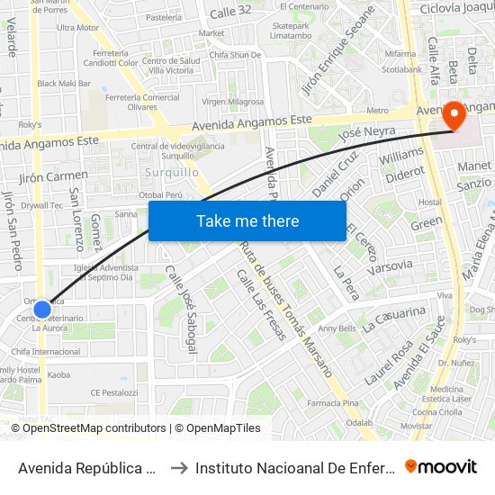 Avenida República De Panamá, 5734 to Instituto Nacioanal De Enfermedades Neoplásicas map