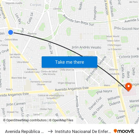 Avenida República De Panamá, 3887 to Instituto Nacioanal De Enfermedades Neoplásicas map