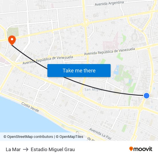 La Mar to Estadio Miguel Grau map