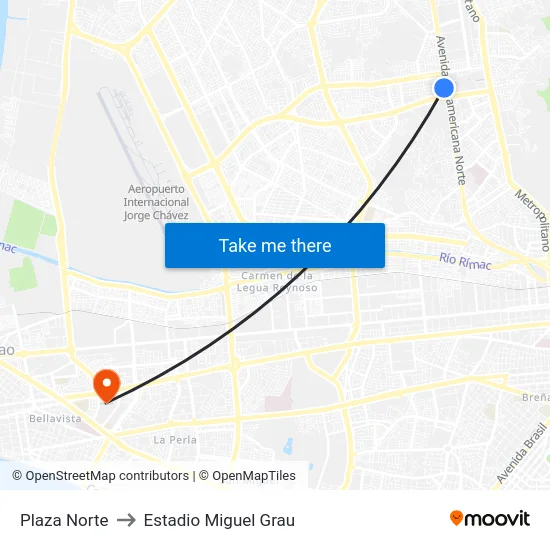 Plaza Norte to Estadio Miguel Grau map