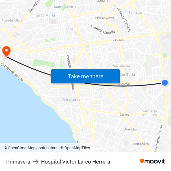 Primavera to Hospital Víctor Larco Herrera map