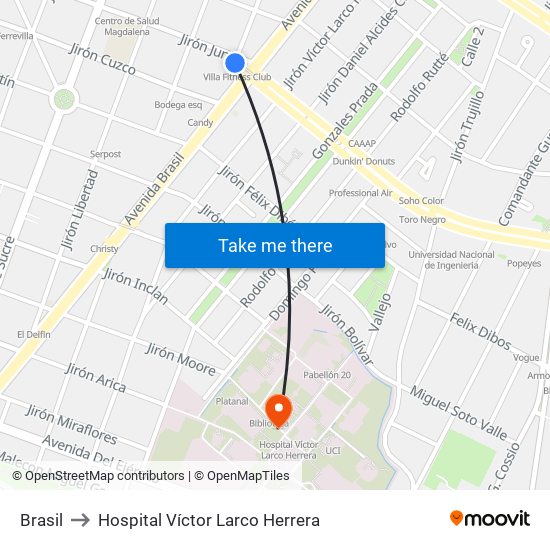 Brasil to Hospital Víctor Larco Herrera map