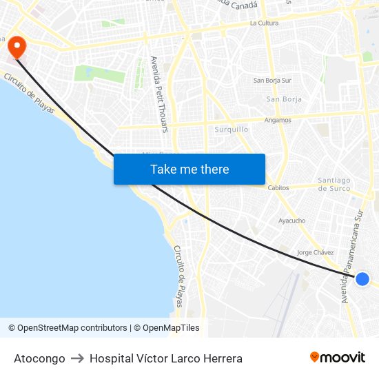 Atocongo to Hospital Víctor Larco Herrera map