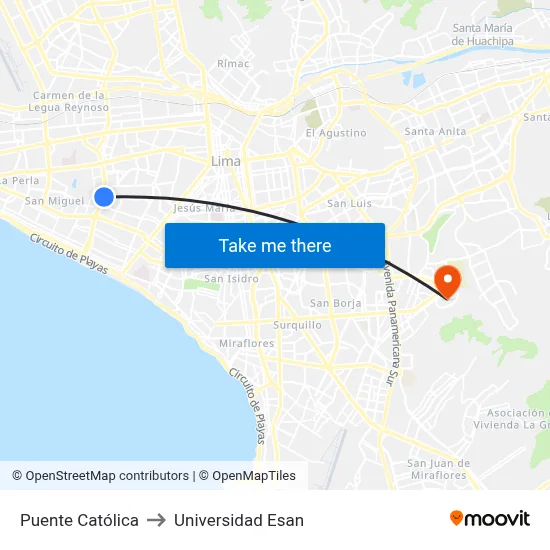 Puente Católica to Universidad Esan map