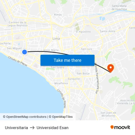 Universitaria to Universidad Esan map