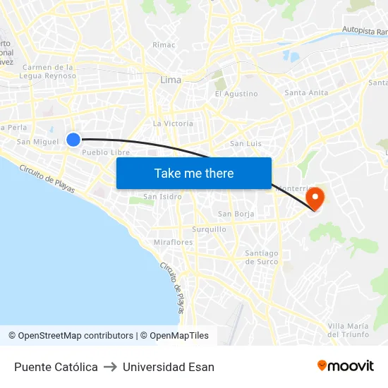 Puente Católica to Universidad Esan map
