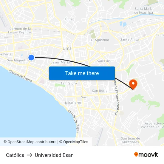 Católica to Universidad Esan map