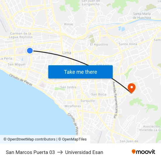 San Marcos Puerta 03 to Universidad Esan map