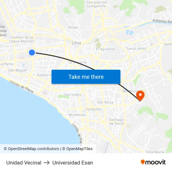Unidad Vecinal to Universidad Esan map