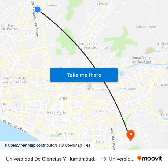 Universidad De Ciencias Y Humanidades (Uch) & Universitaria to Universidad Esan map
