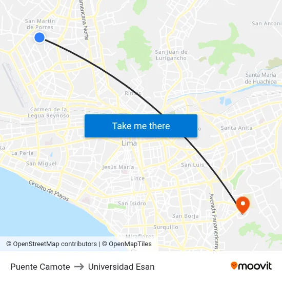 Puente Camote to Universidad Esan map