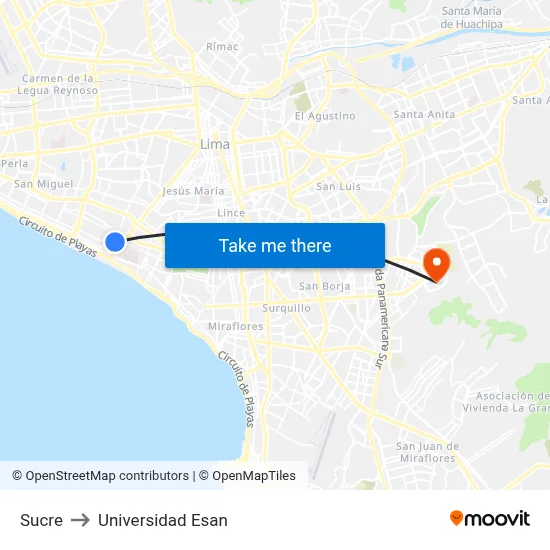 Sucre to Universidad Esan map