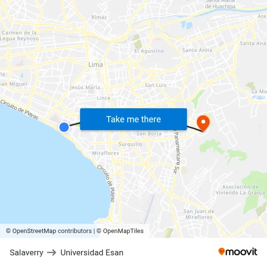 Salaverry to Universidad Esan map