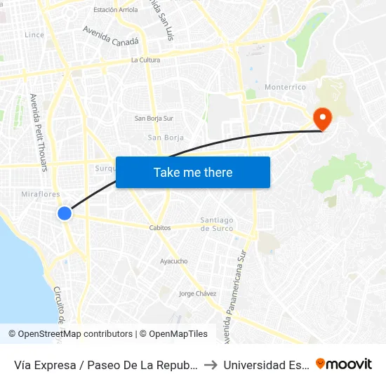 Vía Expresa / Paseo De La Republica to Universidad Esan map